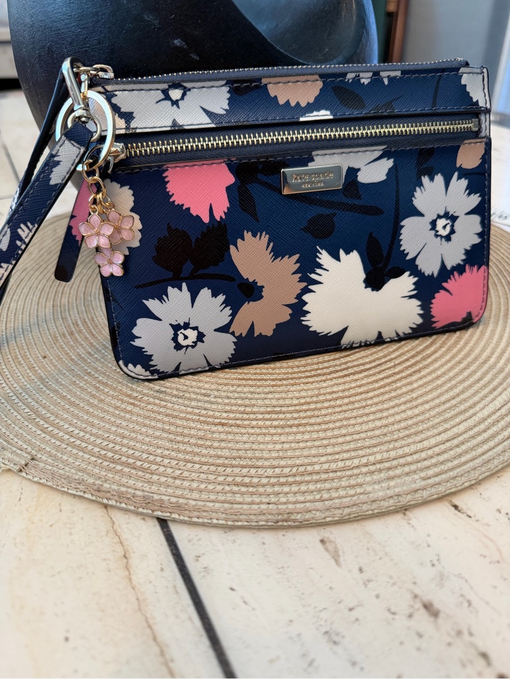 kate spade navy floral wristlet with front zipper pocket & Pink Flower keyring